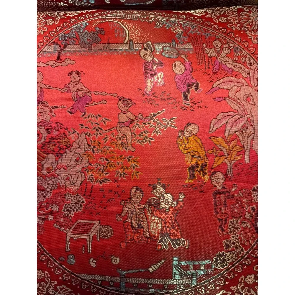 Vintage Chinese Red Silk Brocade Throw Pillows Set of 2 Children Playing Scene